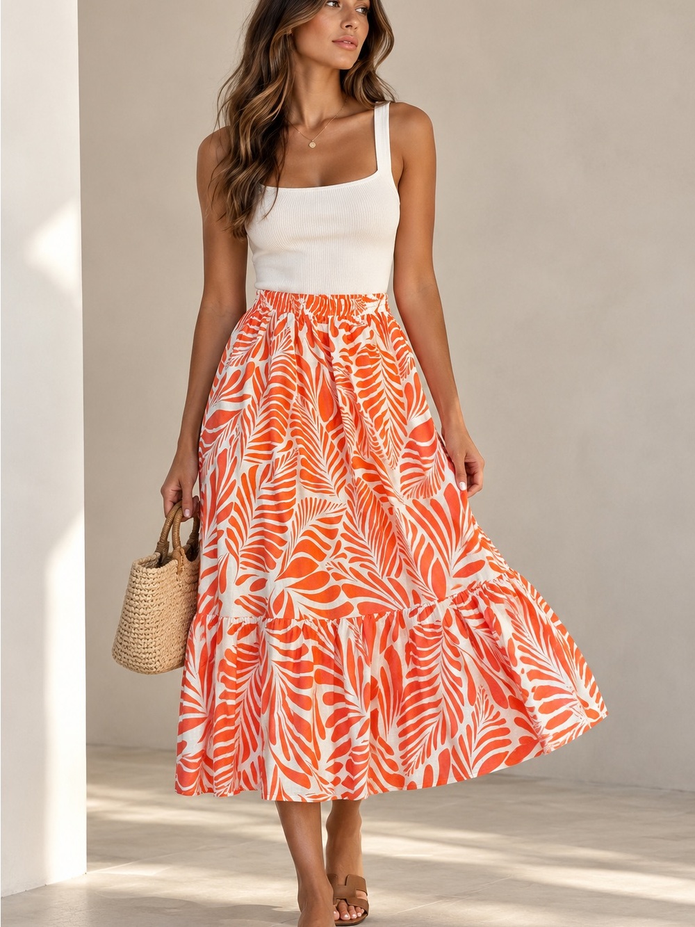 Mlle Gabrielle White & Orange Leaf-Print Tiered Maxi Skirt